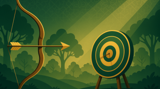 Ilustrasi busur dan anak panah mengarah ke sasaran dengan latar alam dan motif islami, mewakili manfaat memanah bagi kesehatan.