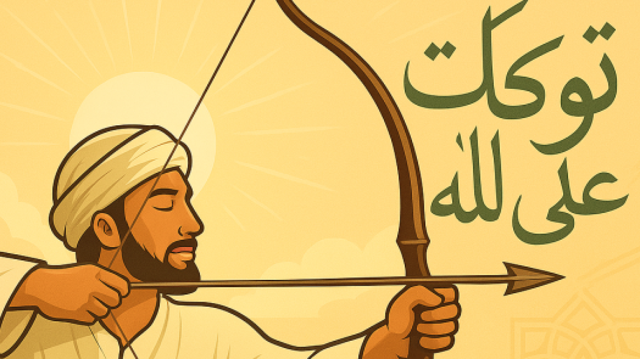 Ilustrasi pemanah melepaskan panah dengan tenang di bawah langit senja, melambangkan konsep tawakal dalam memanah dan keikhlasan setelah ikhtiar.